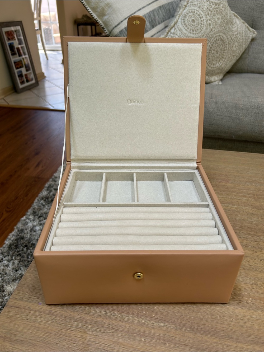 Quince Tan Leather Jewelry Organizer Large Box with Cream Interior